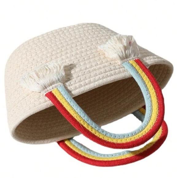 Handmade Woven Beige Handbag w Knitted Rainbow Tassel Handle OS New - Picture 4 of 4